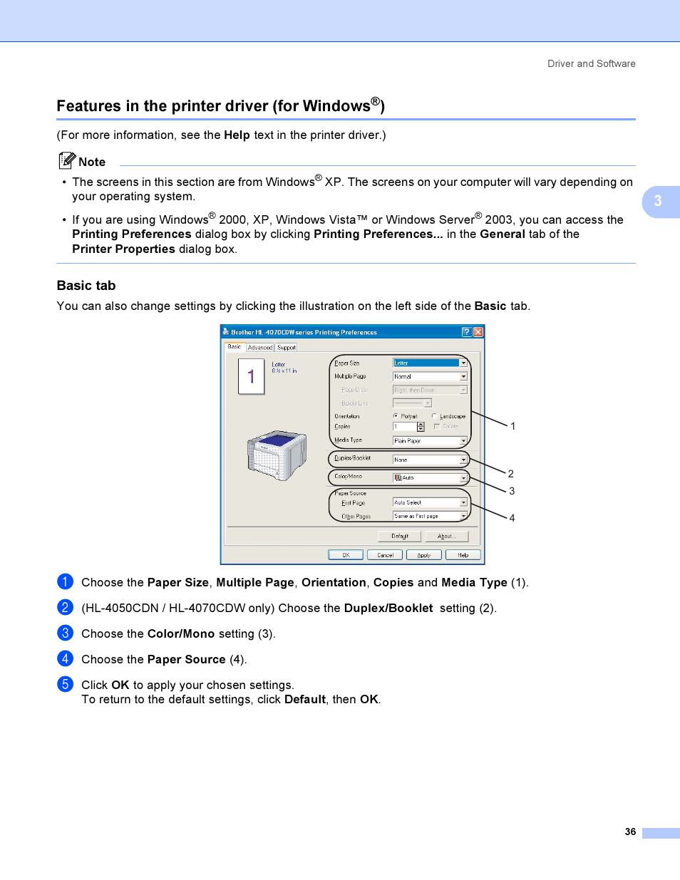 Features in the printer driver (for windows®), Basic tab, Features in the printer driver (for windows | 3features in the printer driver (for windows | Brother HL-4050CDN  EN User Manual | Page 45 / 211