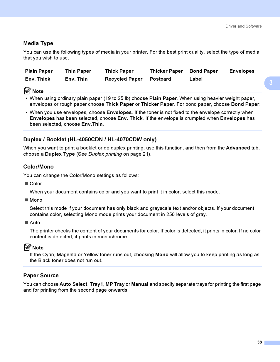 Media type, Duplex / booklet (hl-4050cdn / hl-4070cdw only), Color/mono | Paper source | Brother HL-4050CDN  EN User Manual | Page 47 / 211