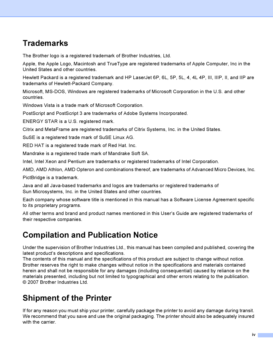 Trademarks, Compilation and publication notice, Shipment of the printer | Brother HL-4050CDN  EN User Manual | Page 5 / 211
