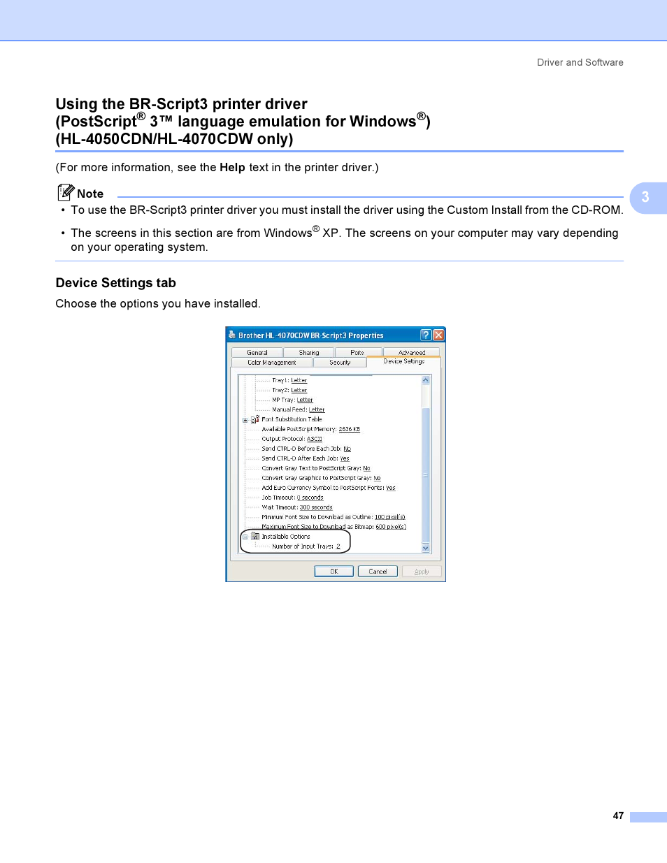 Device settings tab, Using the br-script3 printer driver, Postscript | 3using the br-script3 printer driver (postscript, 3™ language emulation for windows | Brother HL-4050CDN  EN User Manual | Page 56 / 211