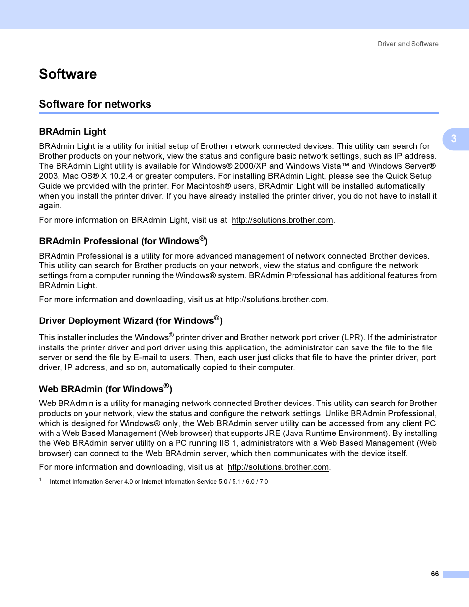 Software, Software for networks, Bradmin light | Bradmin professional (for windows®), Driver deployment wizard (for windows®), Web bradmin (for windows®), Bradmin professional (for windows, Driver deployment wizard (for windows, Web bradmin (for windows | Brother HL-4050CDN EN User Manual | Page 75 / 211