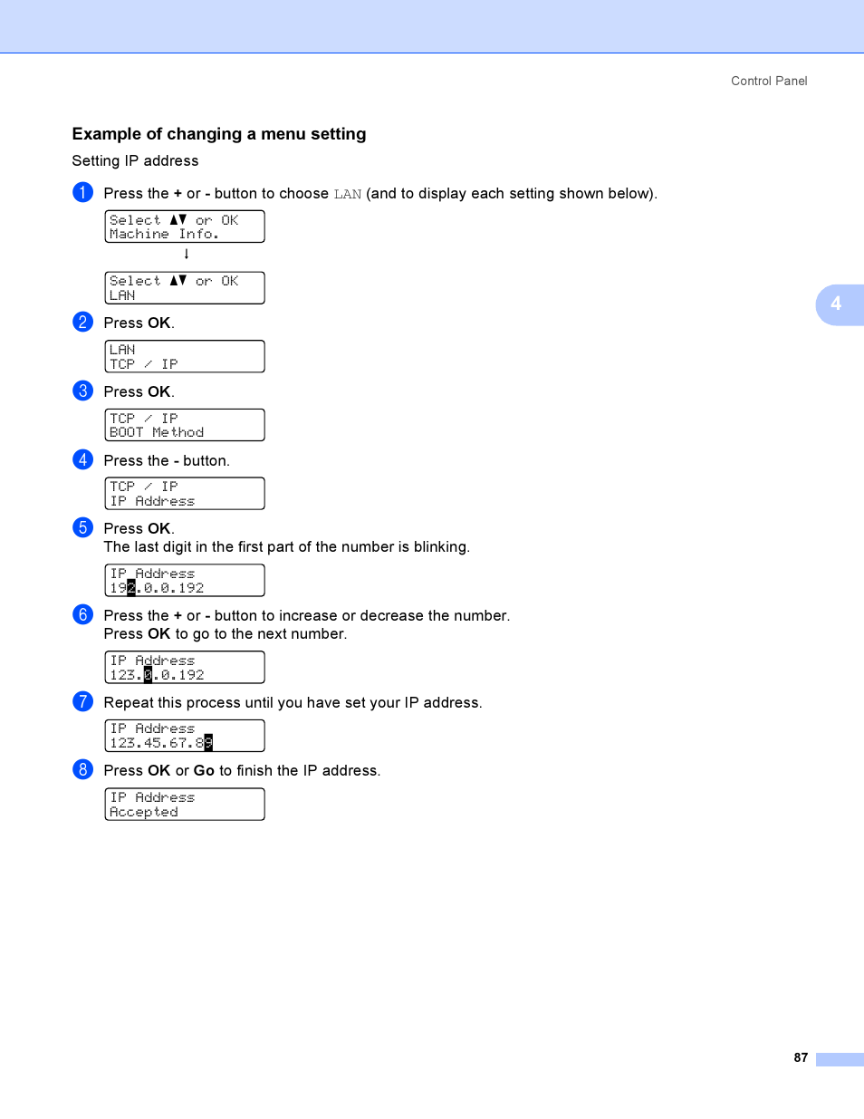 Example of changing a menu setting | Brother HL-4050CDN  EN User Manual | Page 96 / 211