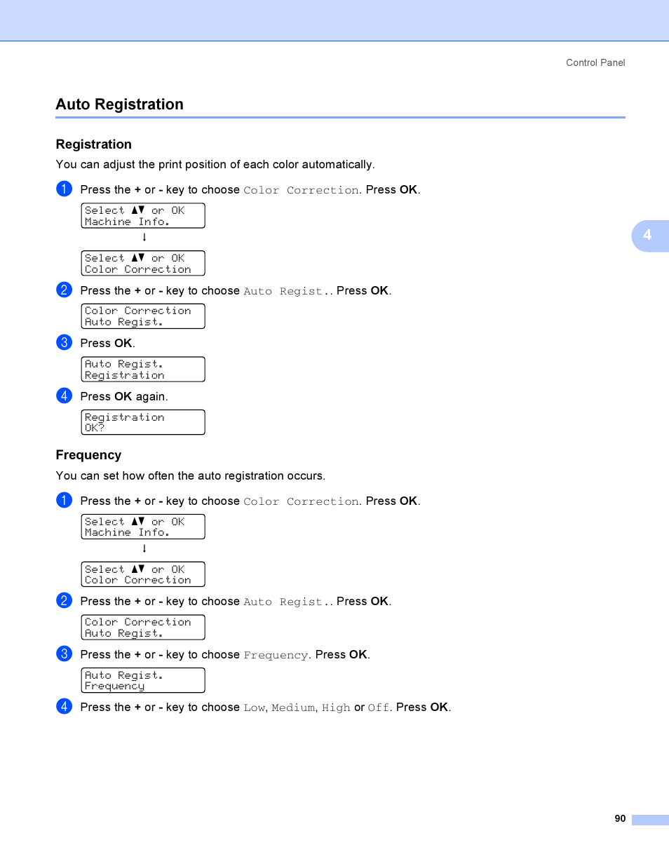 Auto registration, Registration, Frequency | 4auto registration | Brother HL-4050CDN  EN User Manual | Page 99 / 211