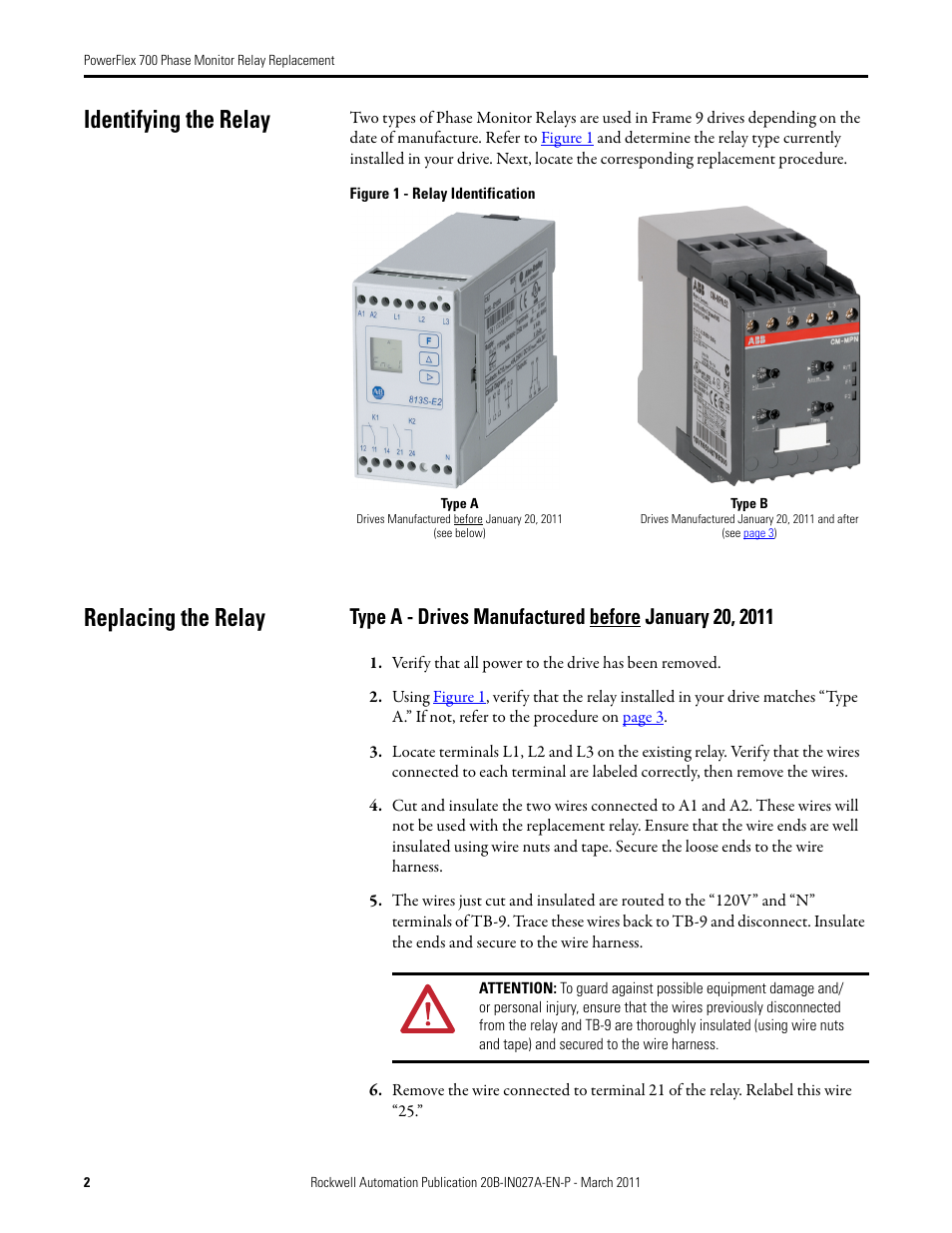 Identifying the relay, Replacing the relay | Rockwell Automation SK-G9-RELAY-F9 700 Phase Monitor Relay - Frame 9 User Manual | Page 2 / 4