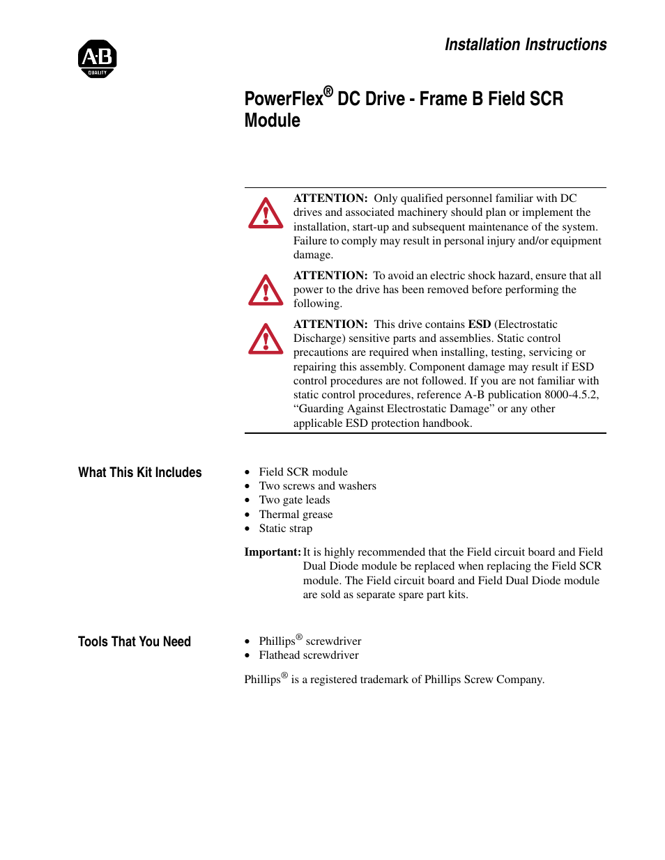 Rockwell Automation 20P PowerFlex DC Drive - Frame B Field SCR Module User Manual | 14 pages