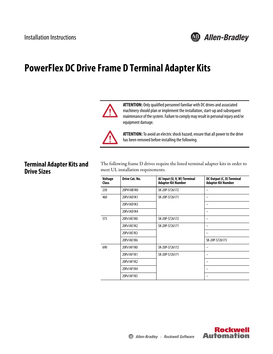 Rockwell Automation 20P PowerFlex DC Drive - Frame D Terminal Adapter Kits User Manual | 6 pages