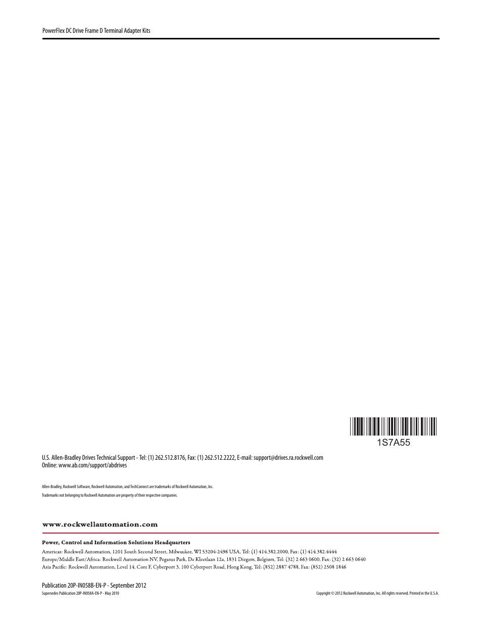 1s7a55 | Rockwell Automation 20P PowerFlex DC Drive - Frame D Terminal Adapter Kits User Manual | Page 6 / 6