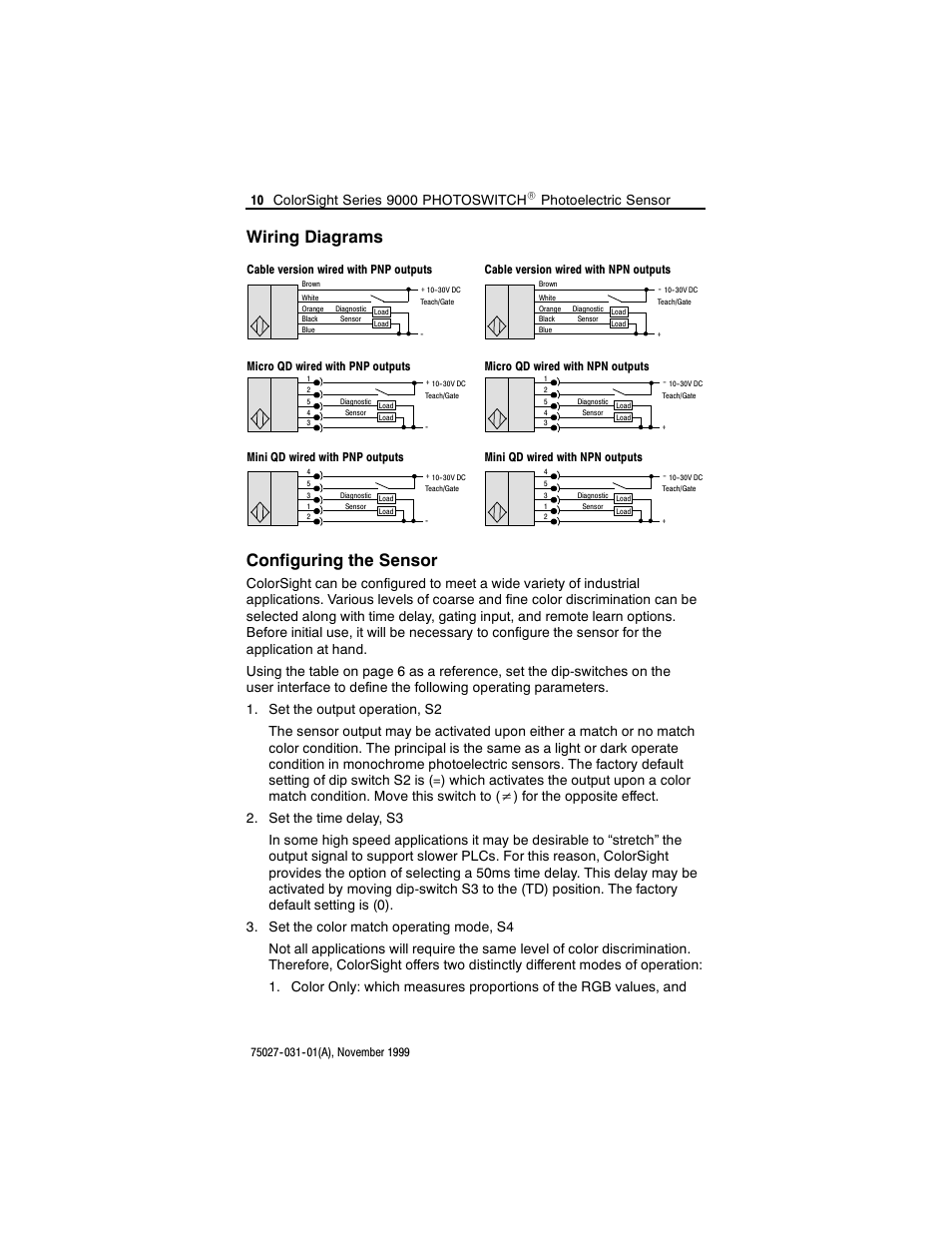 Wiring diagrams, Configuring the sensor, Photoelectric sensor | Rockwell Automation 42QA ColorSight Series 9000 Photoelectric Sensors User Manual | Page 10 / 16