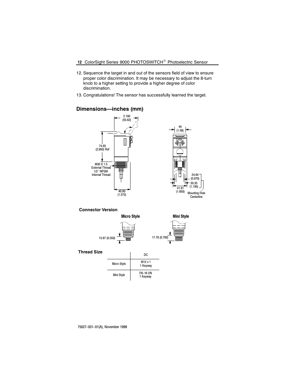 Dimensions—inches (mm) | Rockwell Automation 42QA ColorSight Series 9000 Photoelectric Sensors User Manual | Page 12 / 16