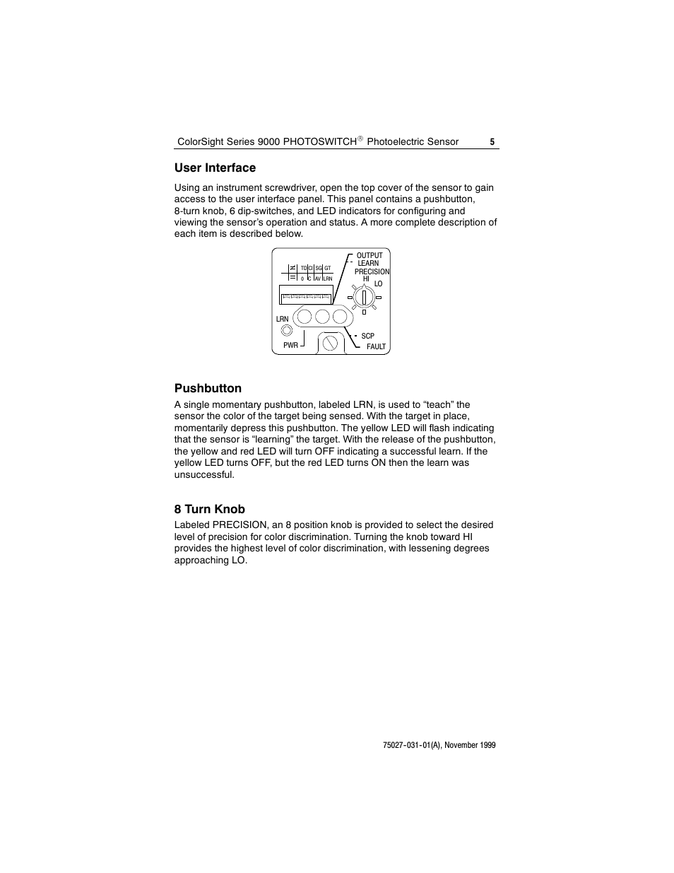 User interface, Pushbutton, 8 turn knob | Rockwell Automation 42QA ColorSight Series 9000 Photoelectric Sensors User Manual | Page 5 / 16