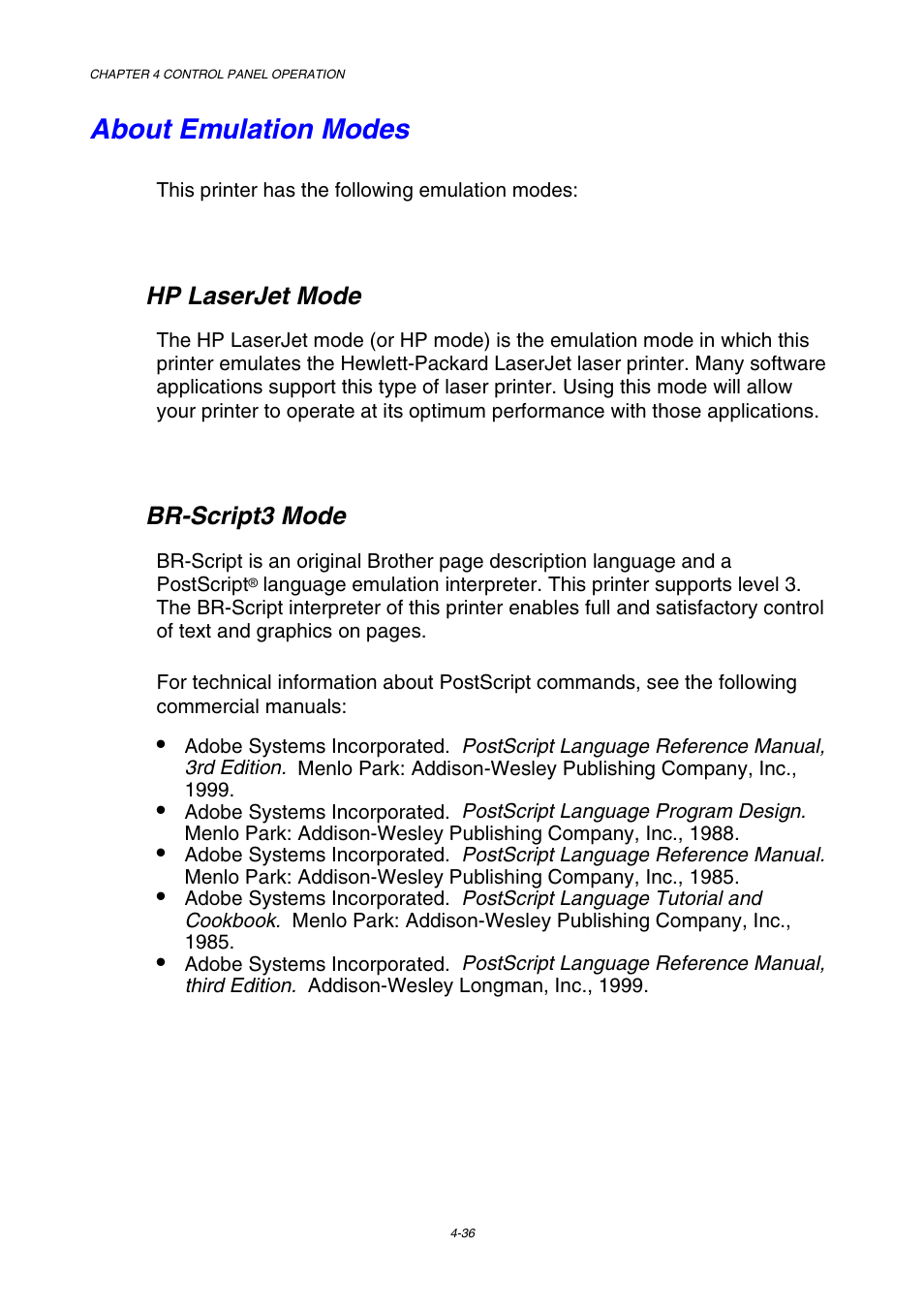 About emulation modes, Hp laserjet mode, Br-script3 mode | Brother HL-2600CN Series User Manual | Page 105 / 225