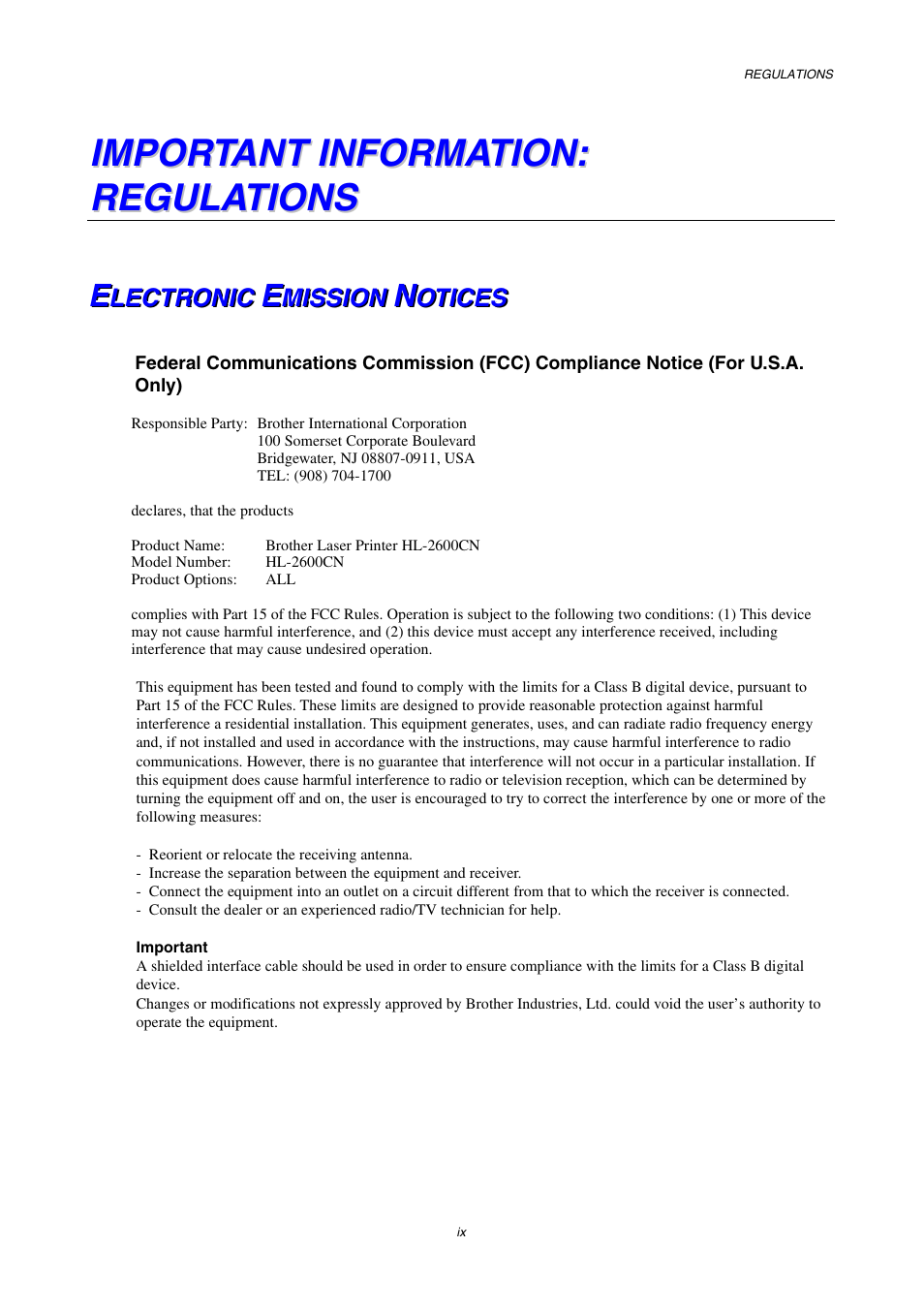 Important information | Brother HL-2600CN Series User Manual | Page 11 / 225