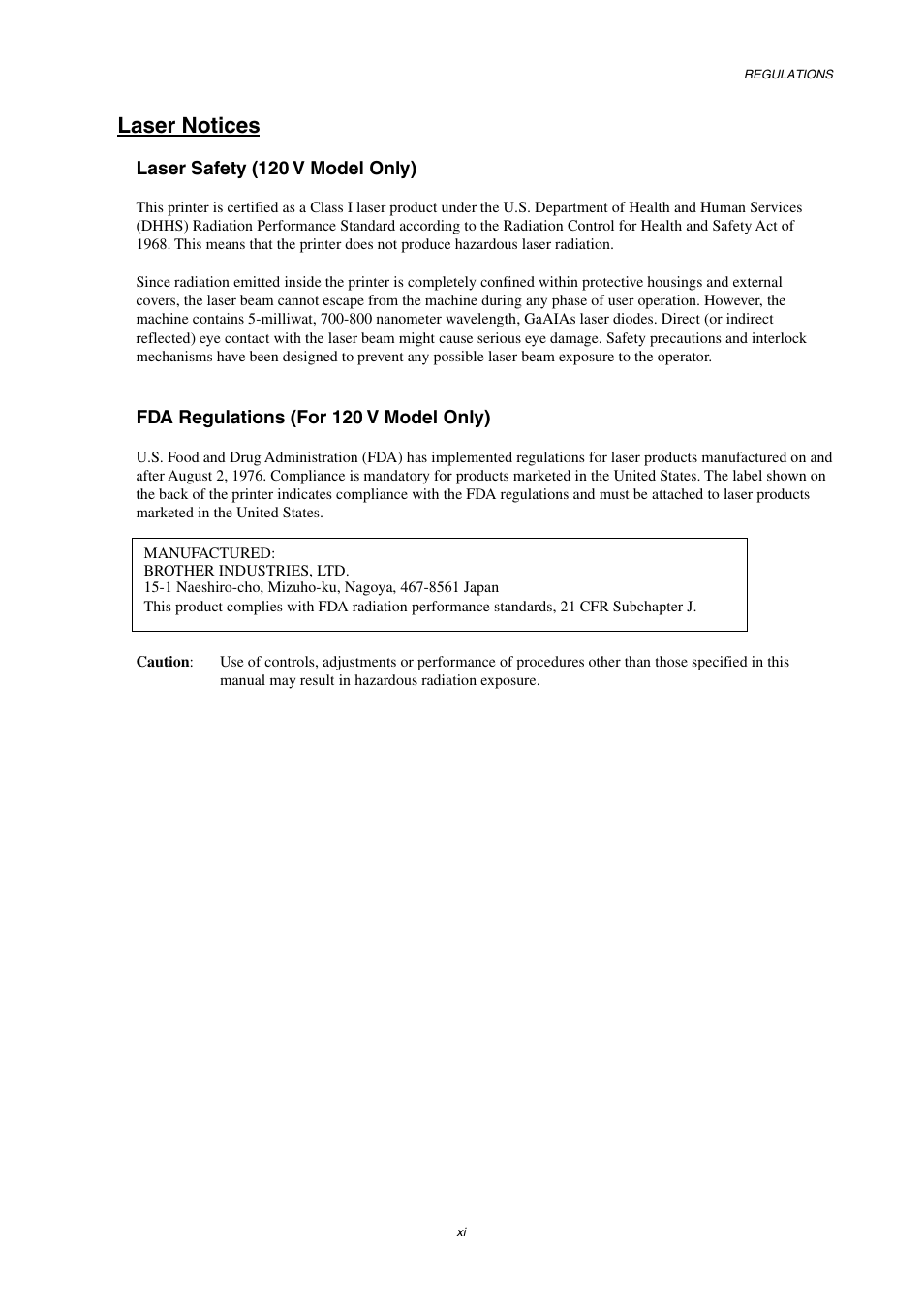 Laser notices | Brother HL-2600CN Series User Manual | Page 13 / 225