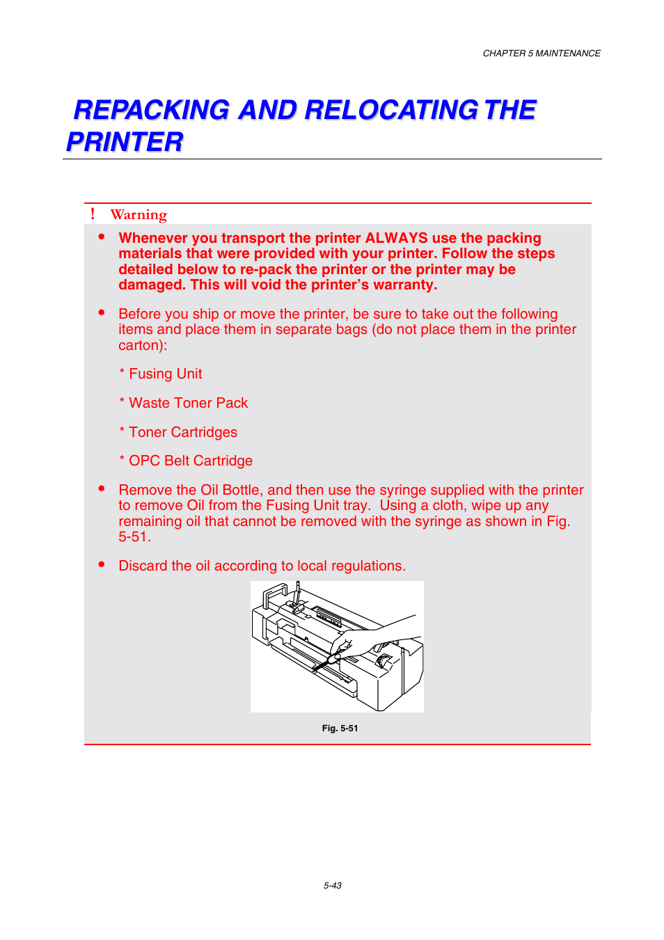 Repacking and relocation the printer, Repacking and relocating the printer | Brother HL-2600CN Series User Manual | Page 155 / 225