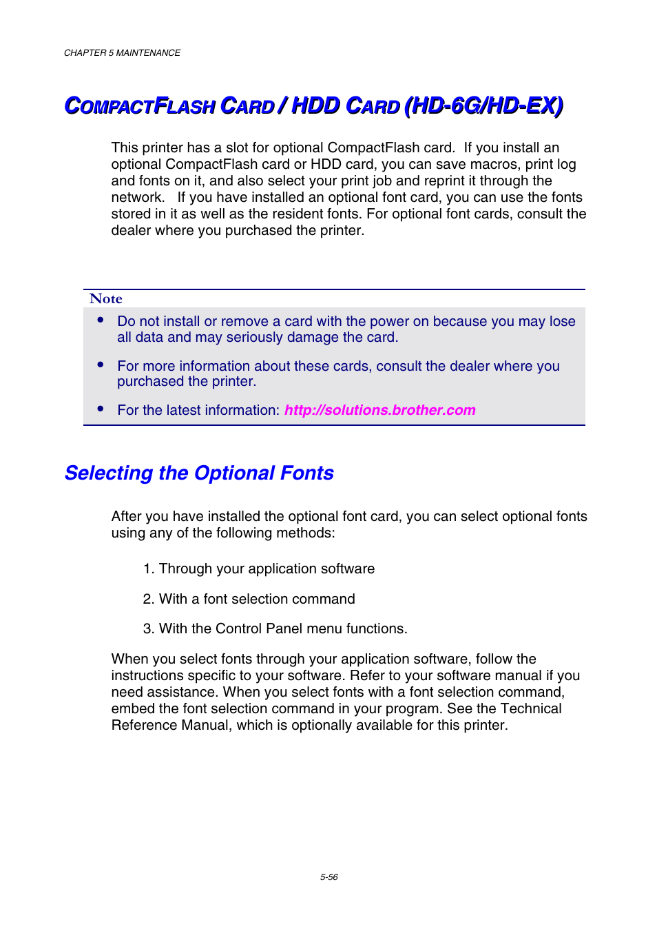 Compactflash card/hdd card(hd-6g/hd-ex), Selecting the optional fonts, Compactflash card / hdd card (hd-6g/hd-ex) | See “compactflash card/ hdd card” in chapter 5, You can | Brother HL-2600CN Series User Manual | Page 168 / 225