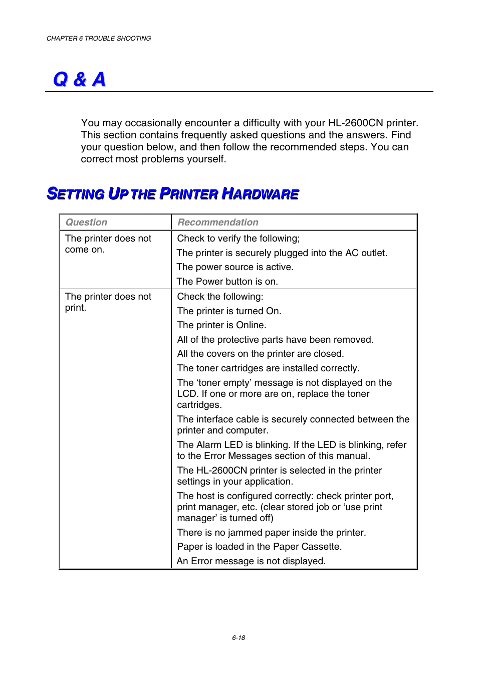 Q & a, Setting up the printing hardware, Setting up the printer hardware | Q q & & a a | Brother HL-2600CN Series User Manual | Page 196 / 225