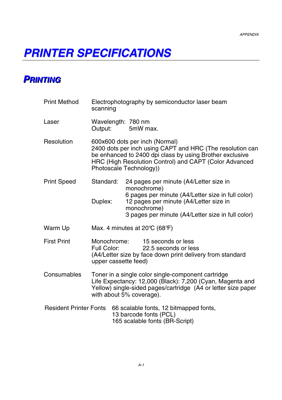 Printer specifications, Printing | Brother HL-2600CN Series User Manual | Page 206 / 225