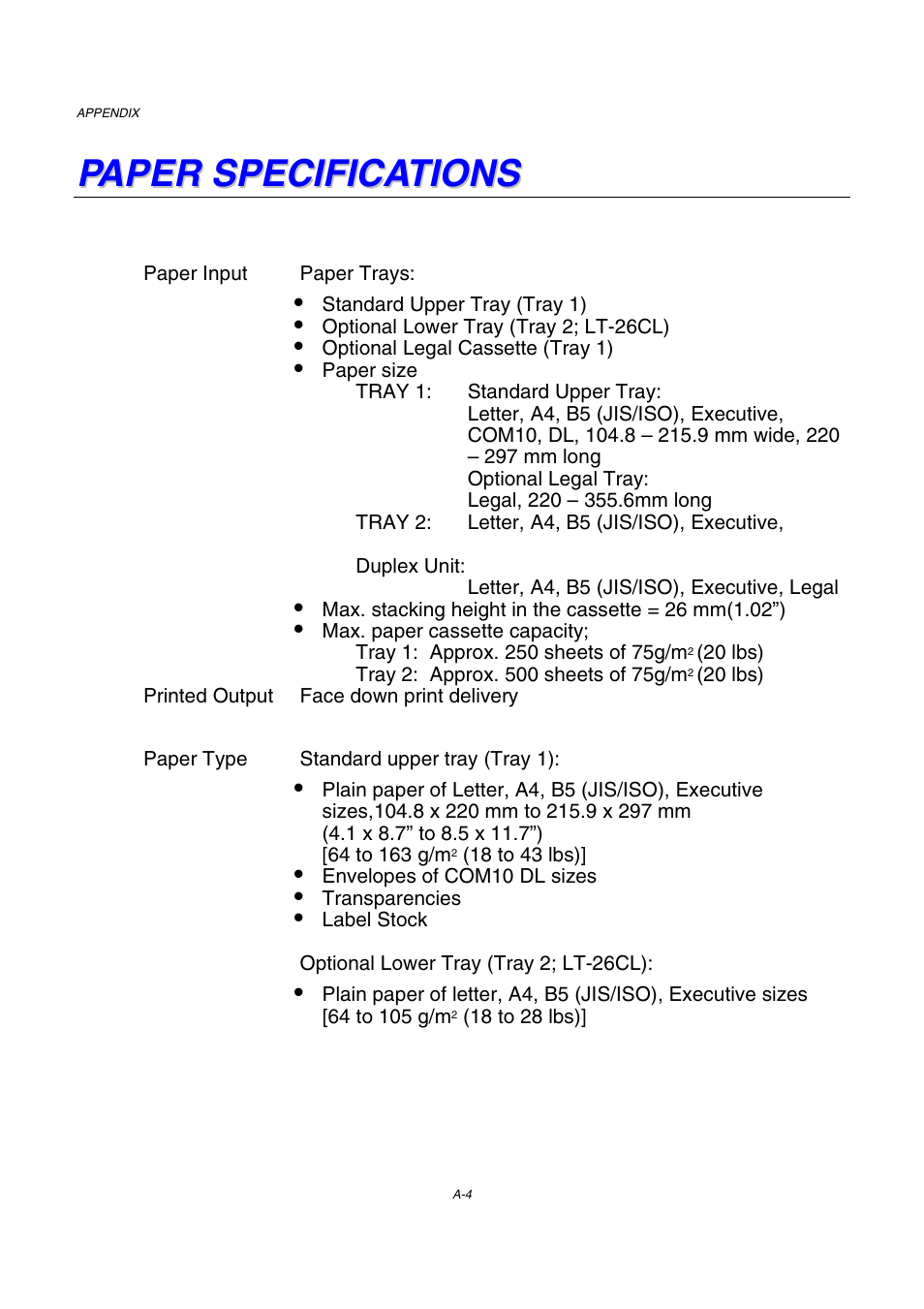 Paper specifications | Brother HL-2600CN Series User Manual | Page 209 / 225