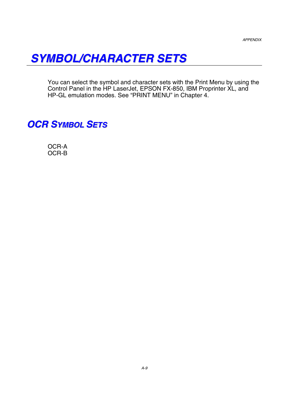 Symbol/character sets, Ocr symbol sets | Brother HL-2600CN Series User Manual | Page 214 / 225