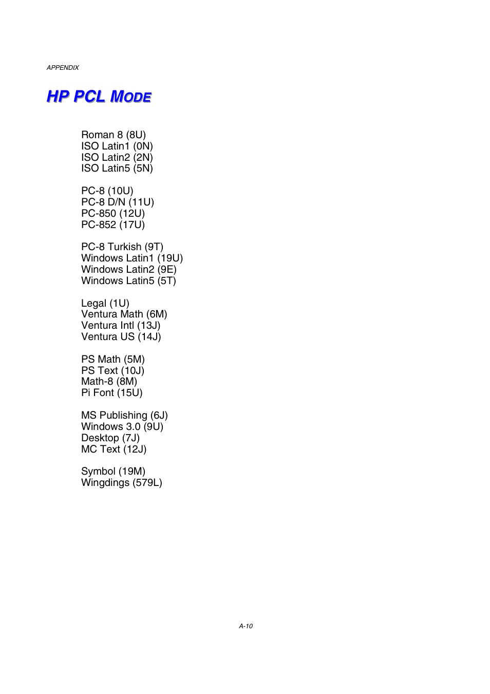 Hp pcl mode, A-10 | Brother HL-2600CN Series User Manual | Page 215 / 225