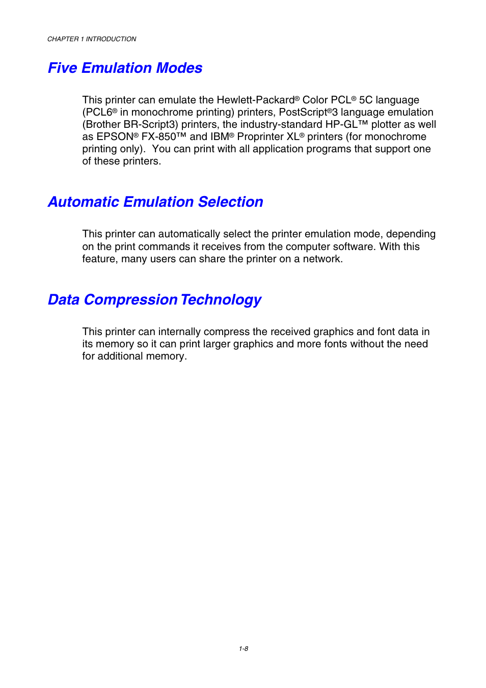 Five emulation modes, Automatic emulation selection, Data compression technology | Brother HL-2600CN Series User Manual | Page 25 / 225