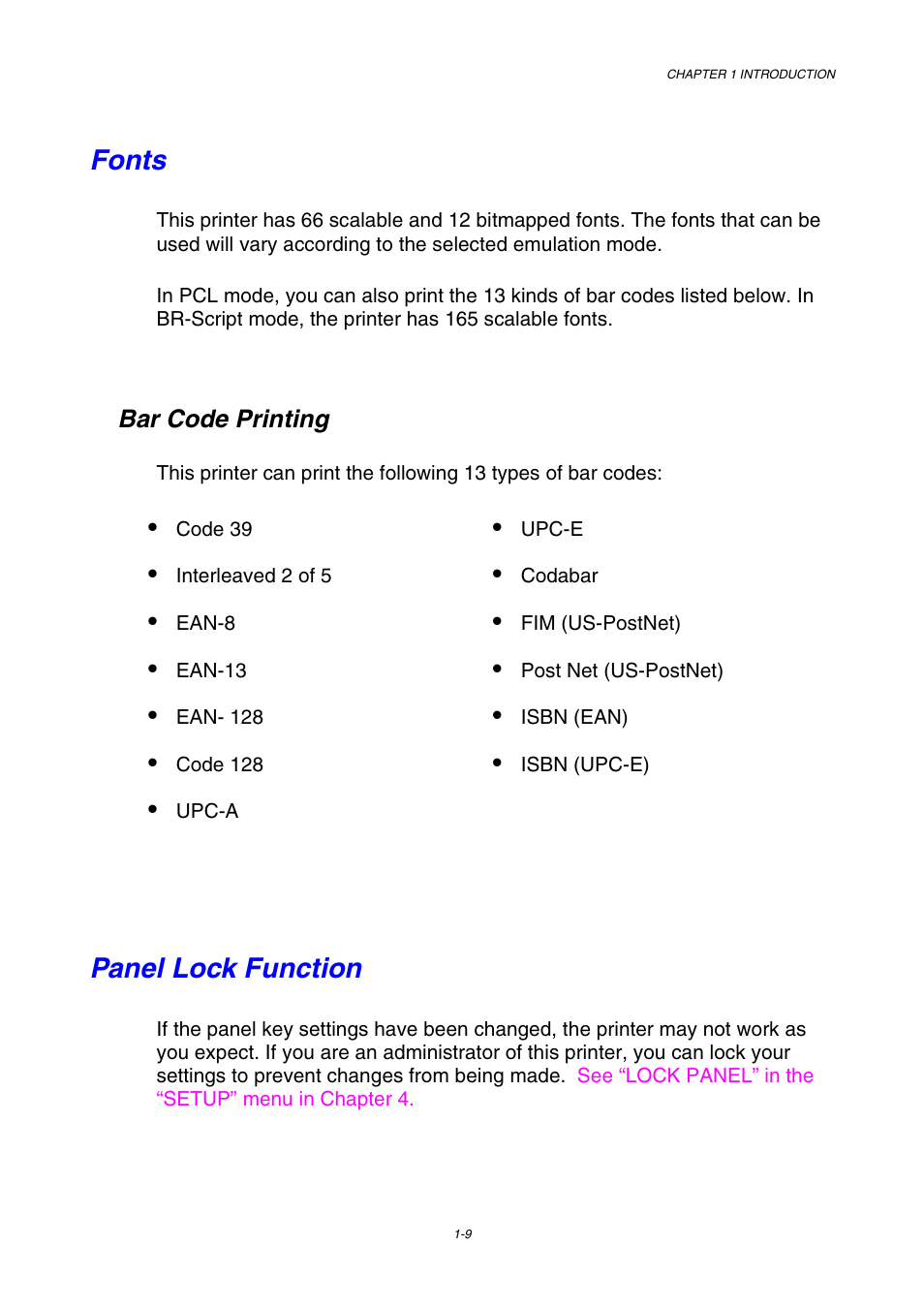 Fonts, Panel lock function, Bar code printing | Brother HL-2600CN Series User Manual | Page 26 / 225