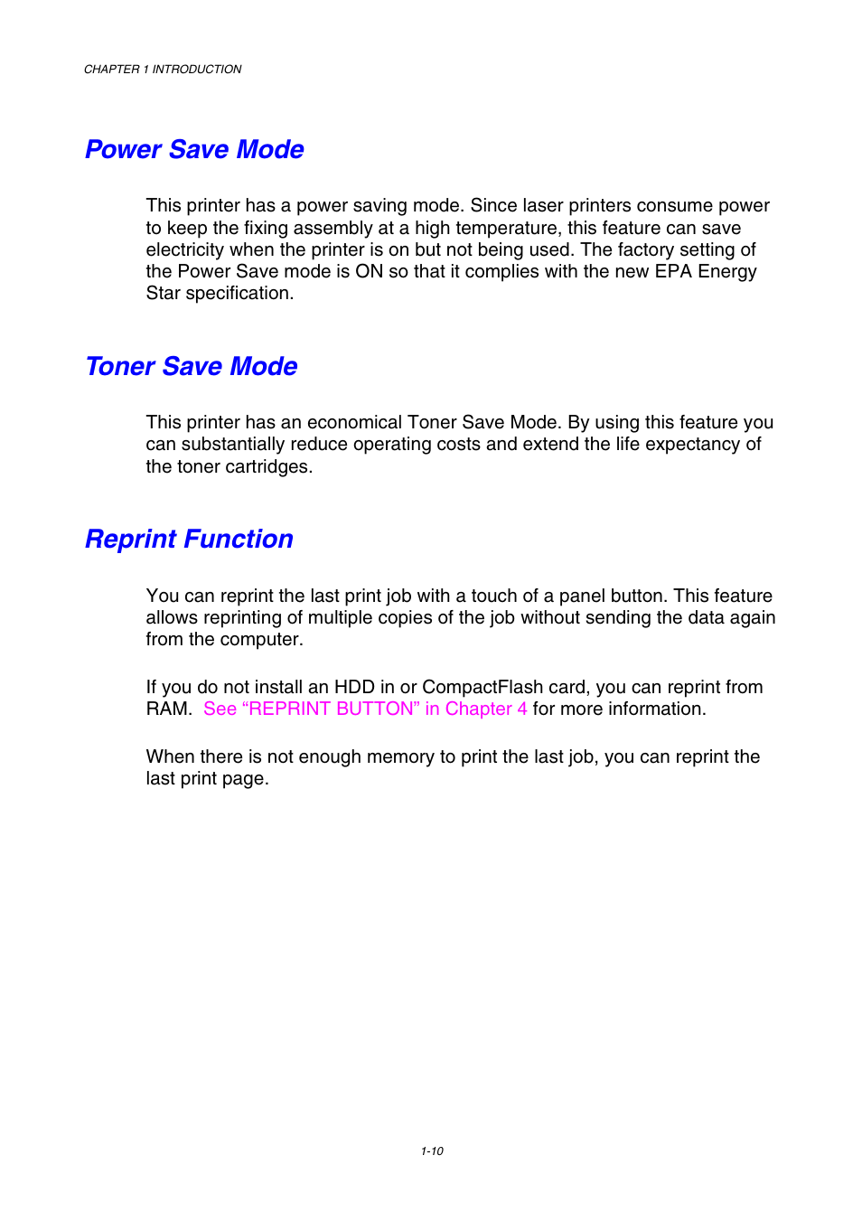 Power save mode, Toner save mode, Reprint function | Brother HL-2600CN Series User Manual | Page 27 / 225