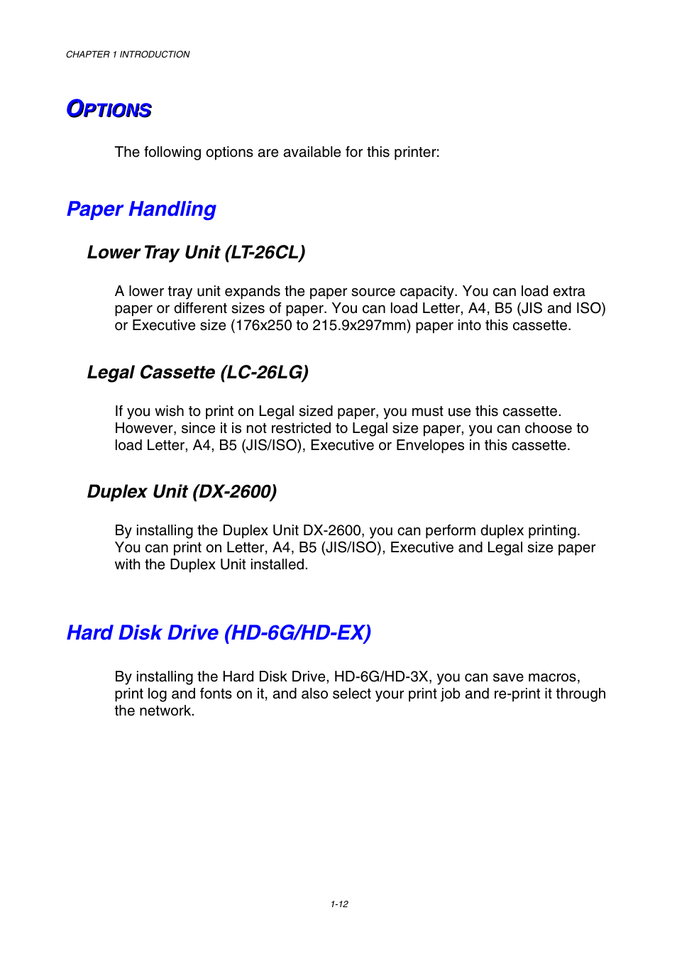 Options, Paper handling, Hard disk drive (hd-6g/hd-ex) | Brother HL-2600CN Series User Manual | Page 29 / 225