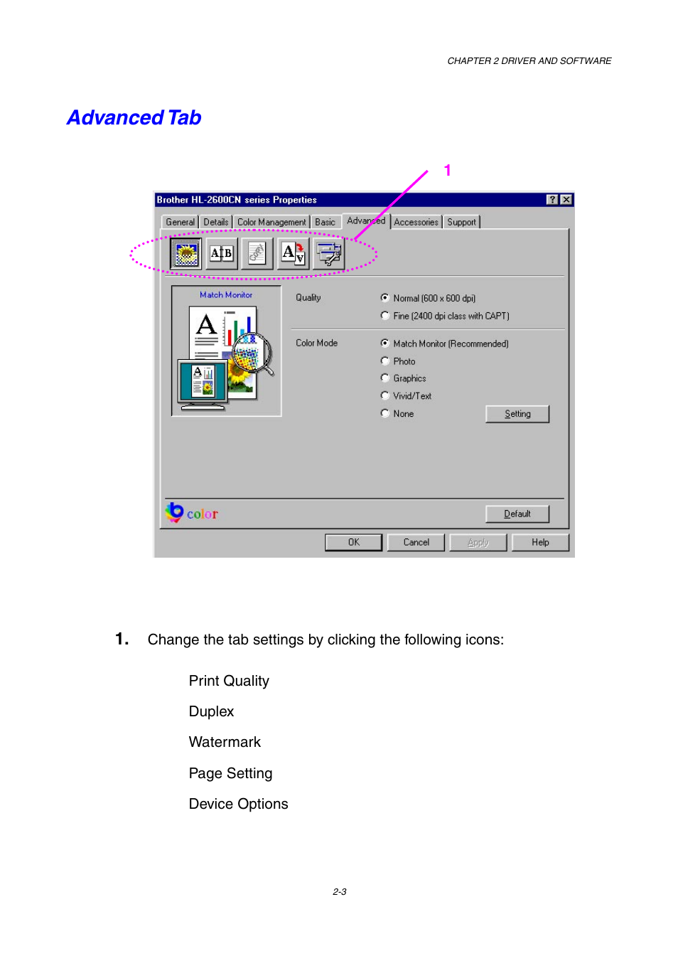 Advanced tab | Brother HL-2600CN Series User Manual | Page 36 / 225