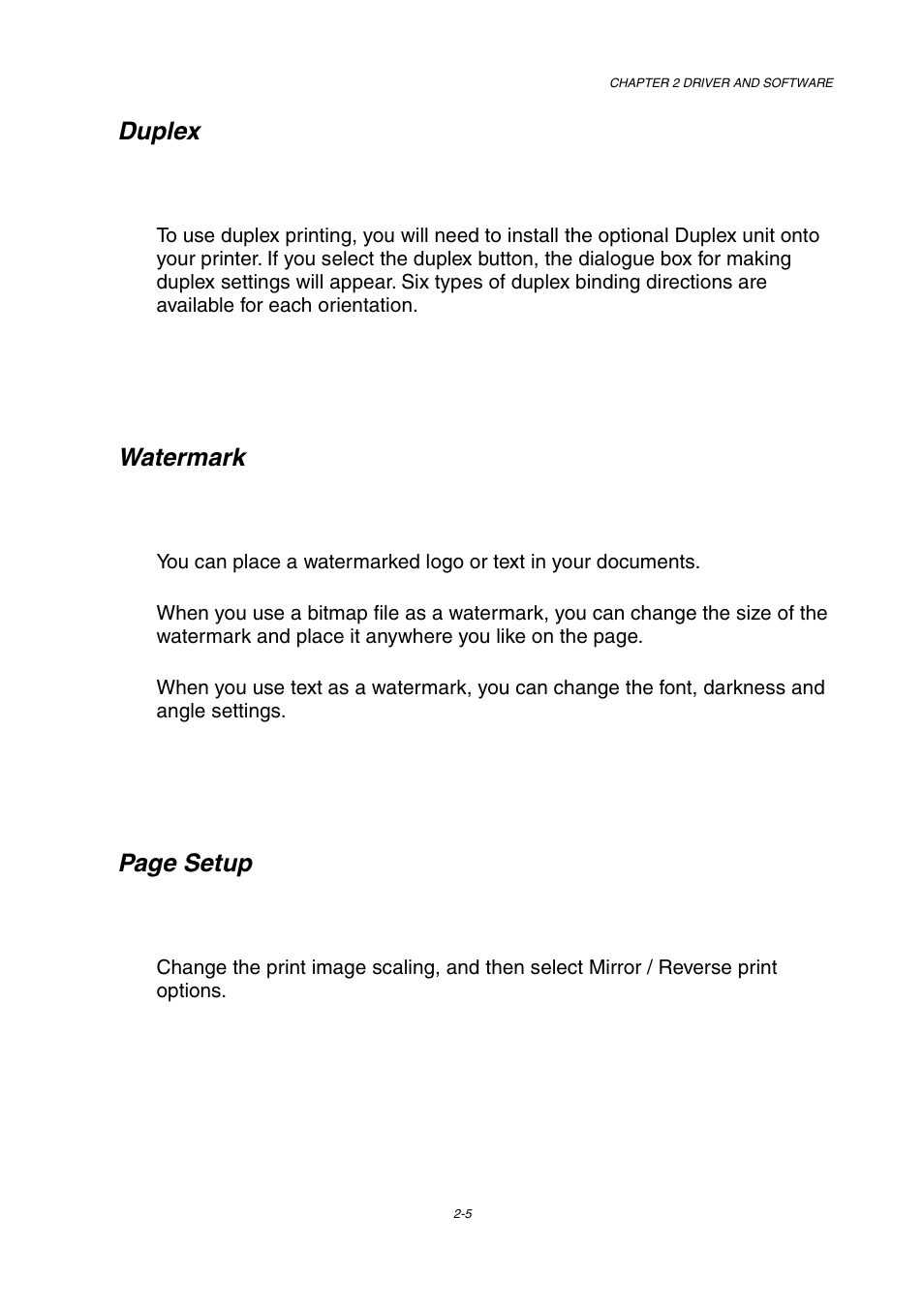 Duplex, Watermark, Page setup | Brother HL-2600CN Series User Manual | Page 38 / 225