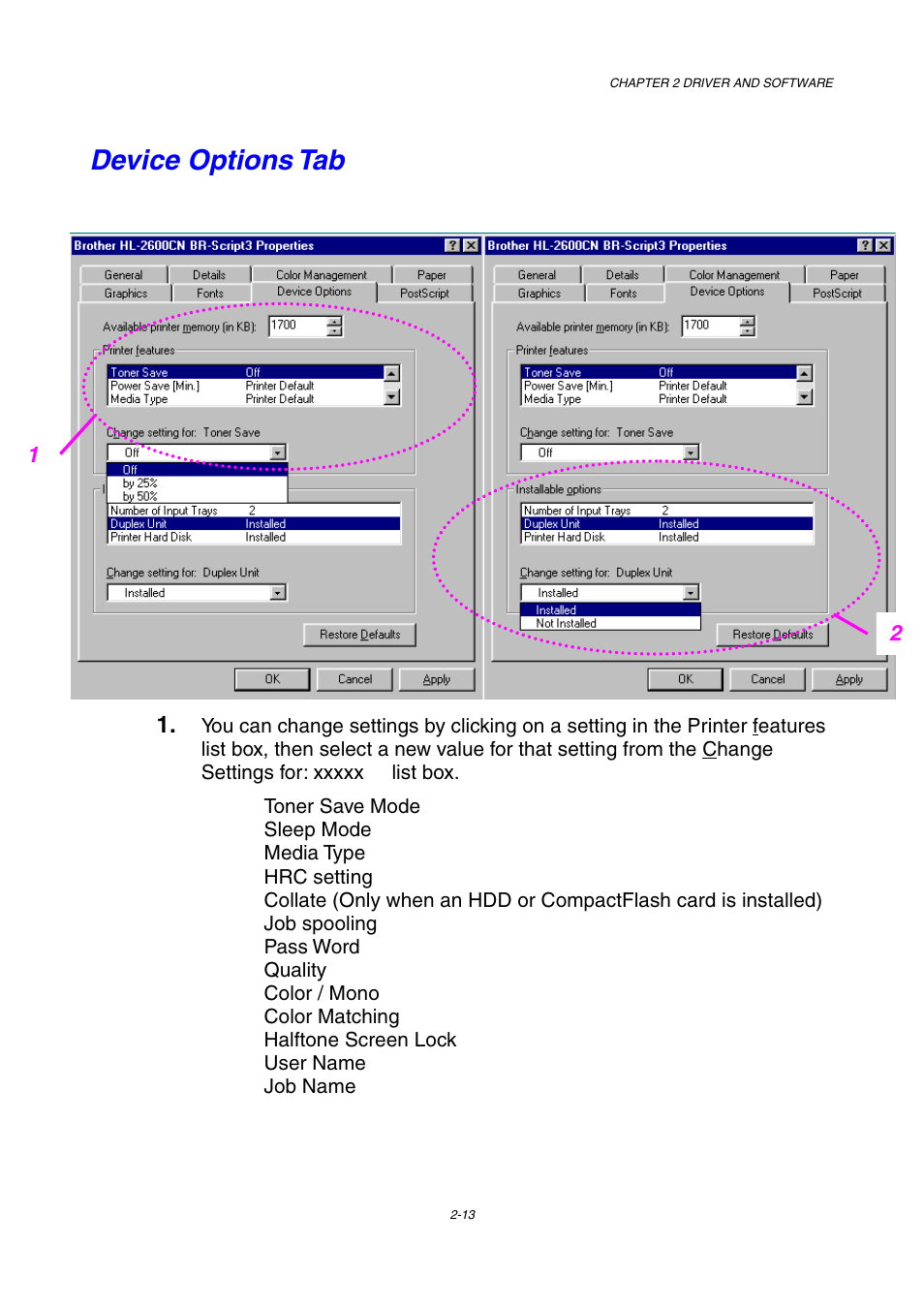 Device options tab | Brother HL-2600CN Series User Manual | Page 46 / 225