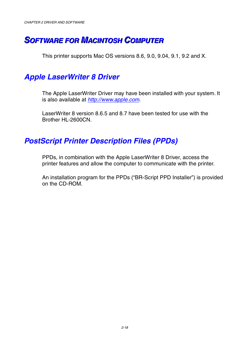 Software for macintosh computer, Apple laserwriter 8 driver, Postscript printer description files (ppds) | Brother HL-2600CN Series User Manual | Page 51 / 225