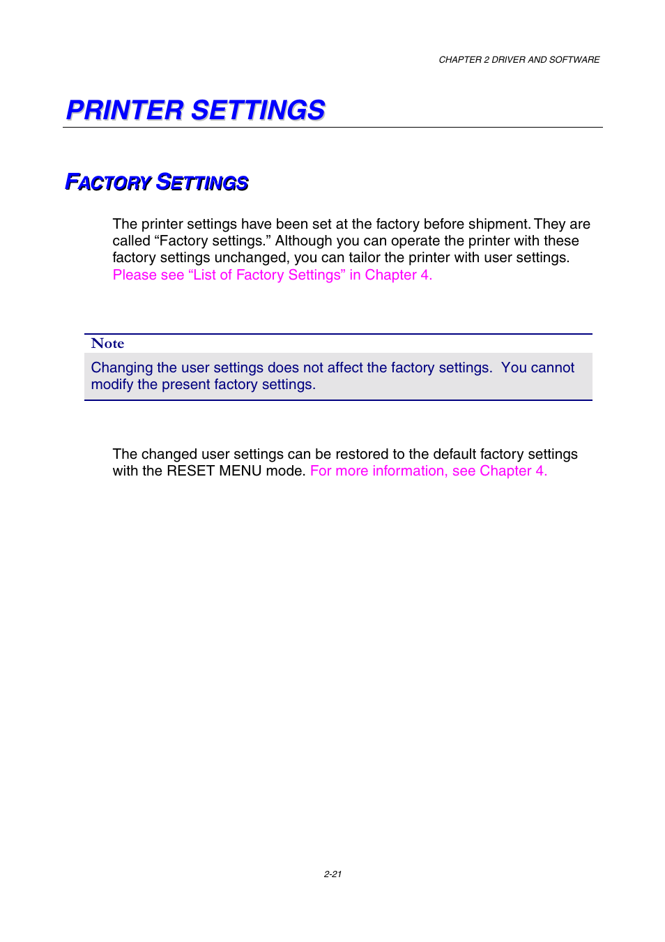 Printer setting, Factory settings, Printer settings | Brother HL-2600CN Series User Manual | Page 54 / 225