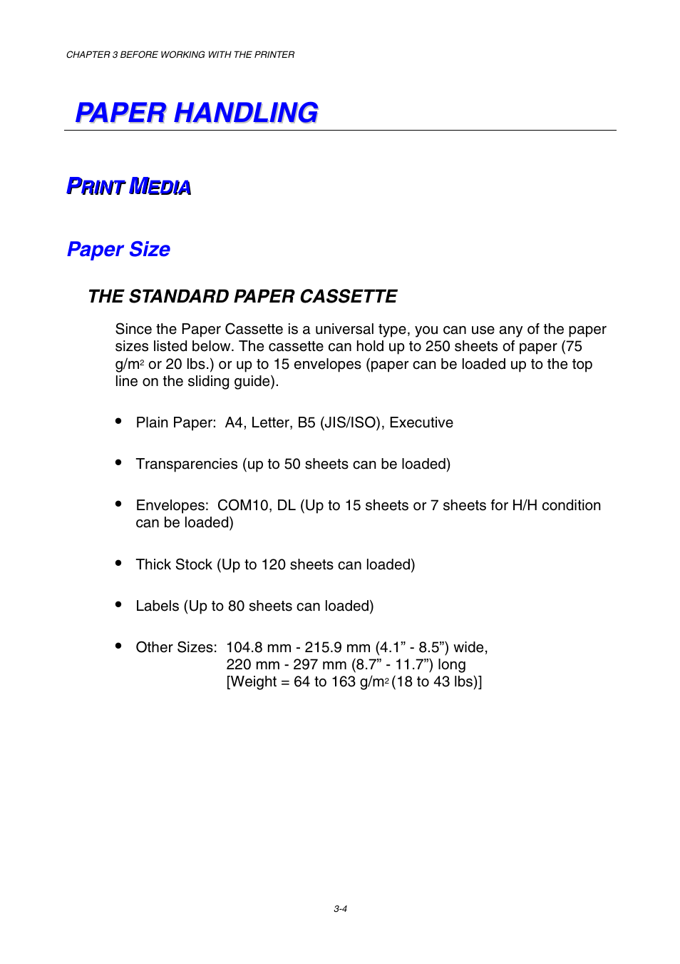 Paper hadling, Print media, Paper size | Paper handling | Brother HL-2600CN Series User Manual | Page 59 / 225