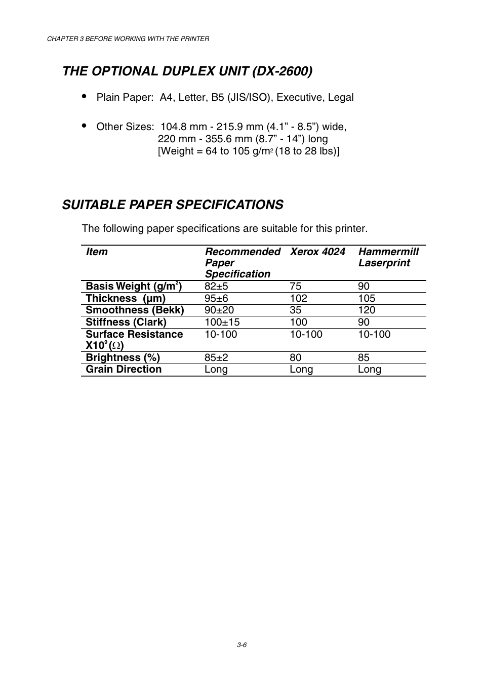 The optional duplex unit (dx-2600), Suitable paper specifications | Brother HL-2600CN Series User Manual | Page 61 / 225