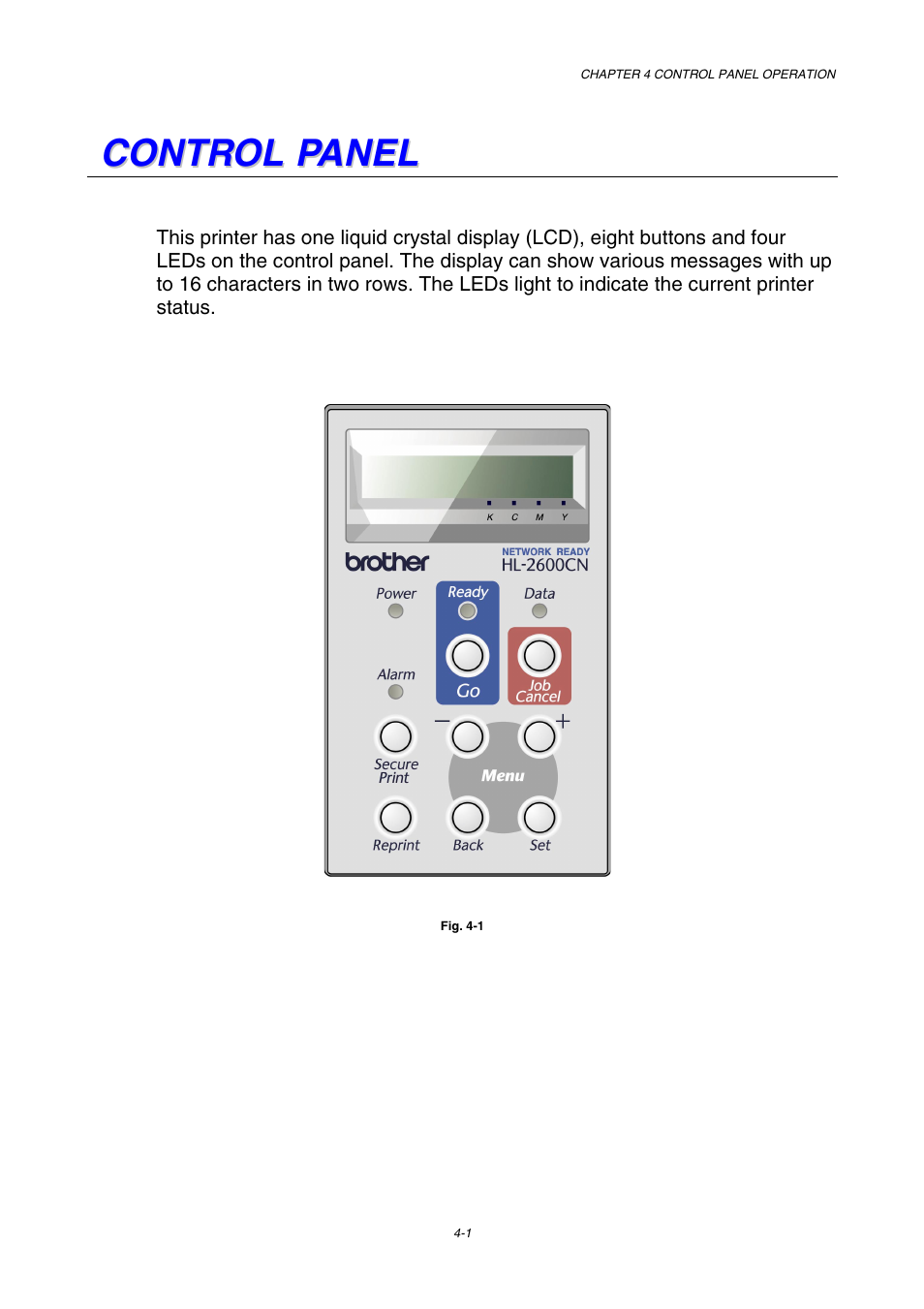 Control penel, Control panel | Brother HL-2600CN Series User Manual | Page 70 / 225