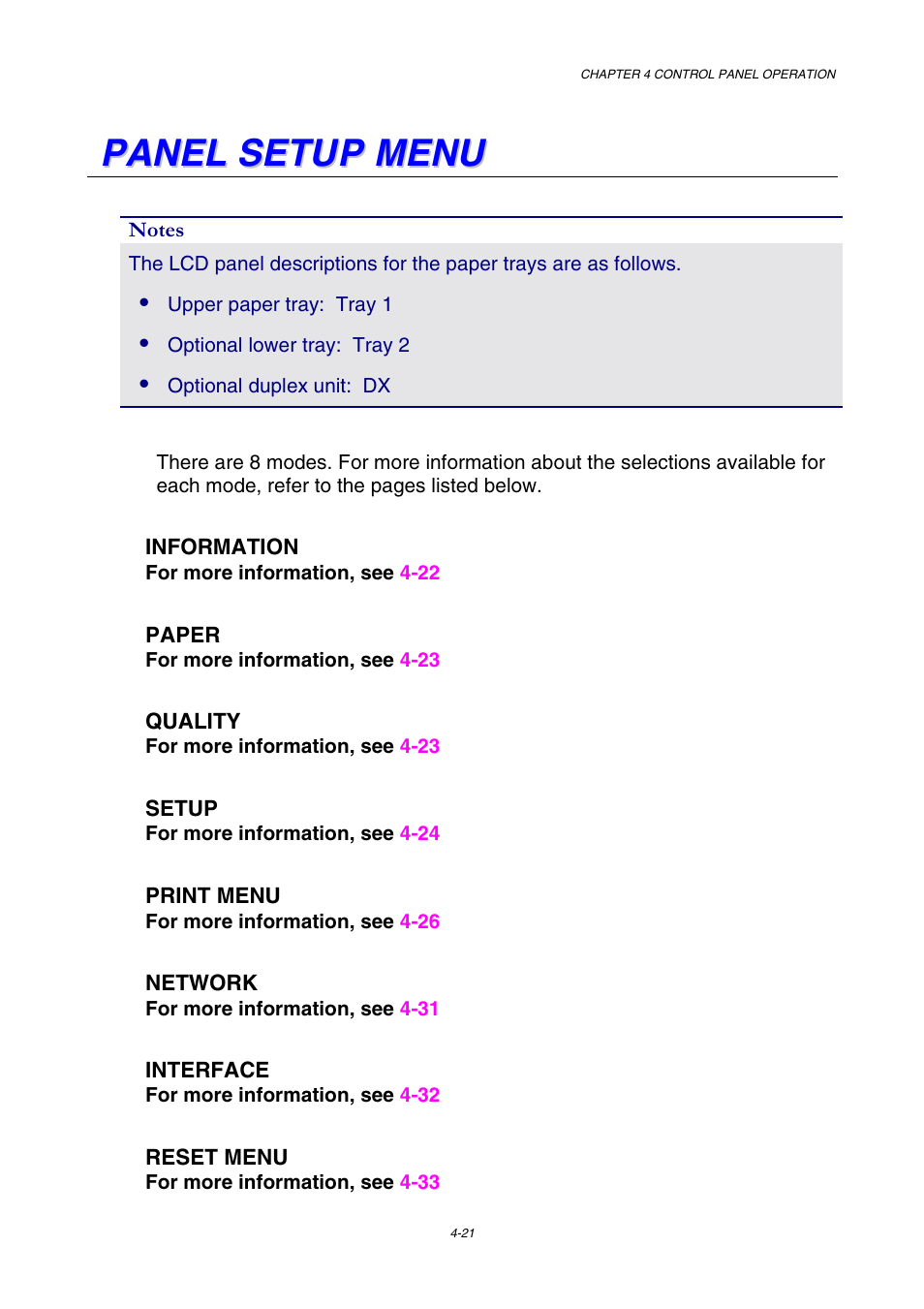 Panel setup menu | Brother HL-2600CN Series User Manual | Page 90 / 225