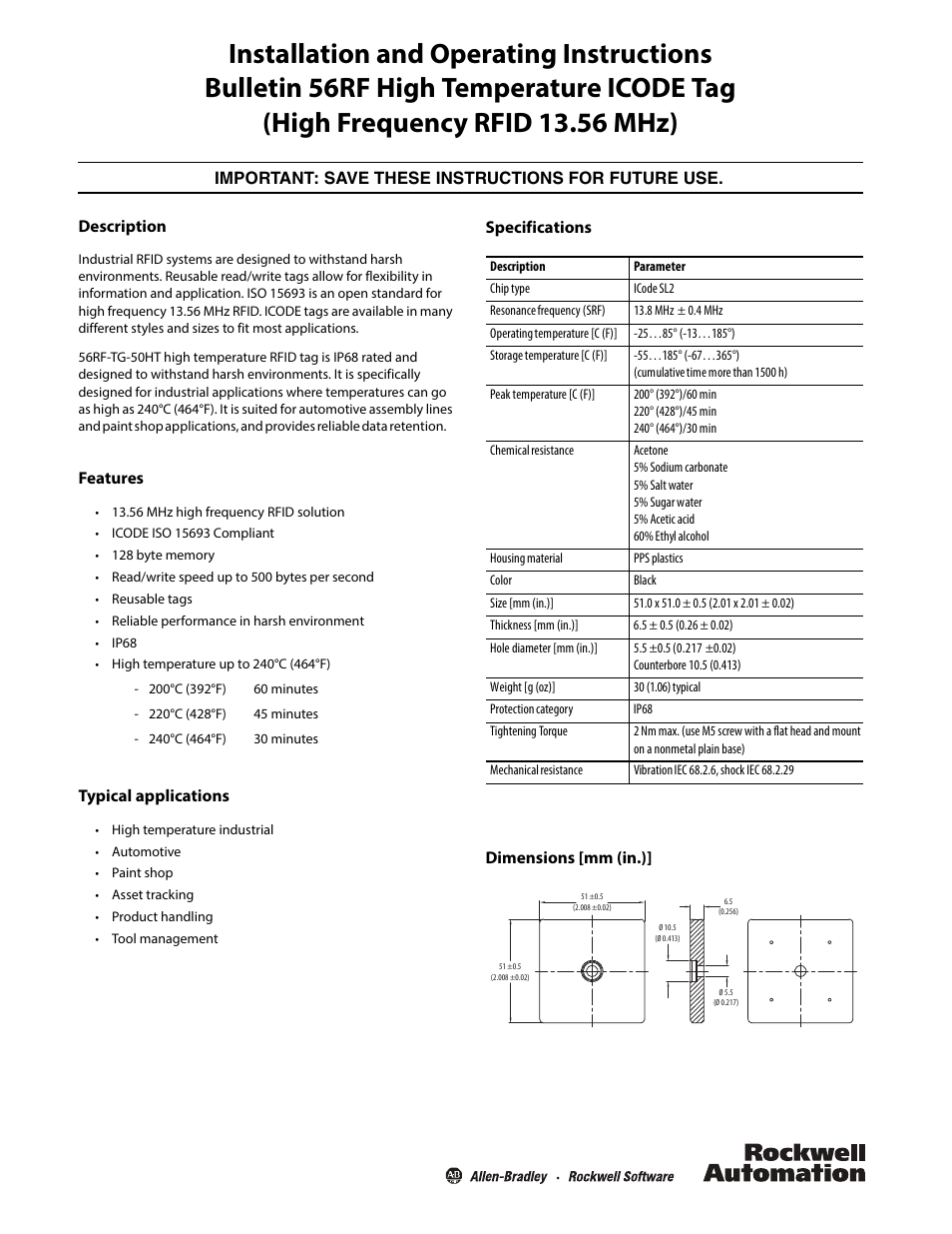 Rockwell Automation 56RF High Temperature ICODE Tag (High Frequency RFID 13.56 MHz) User Manual | 2 pages