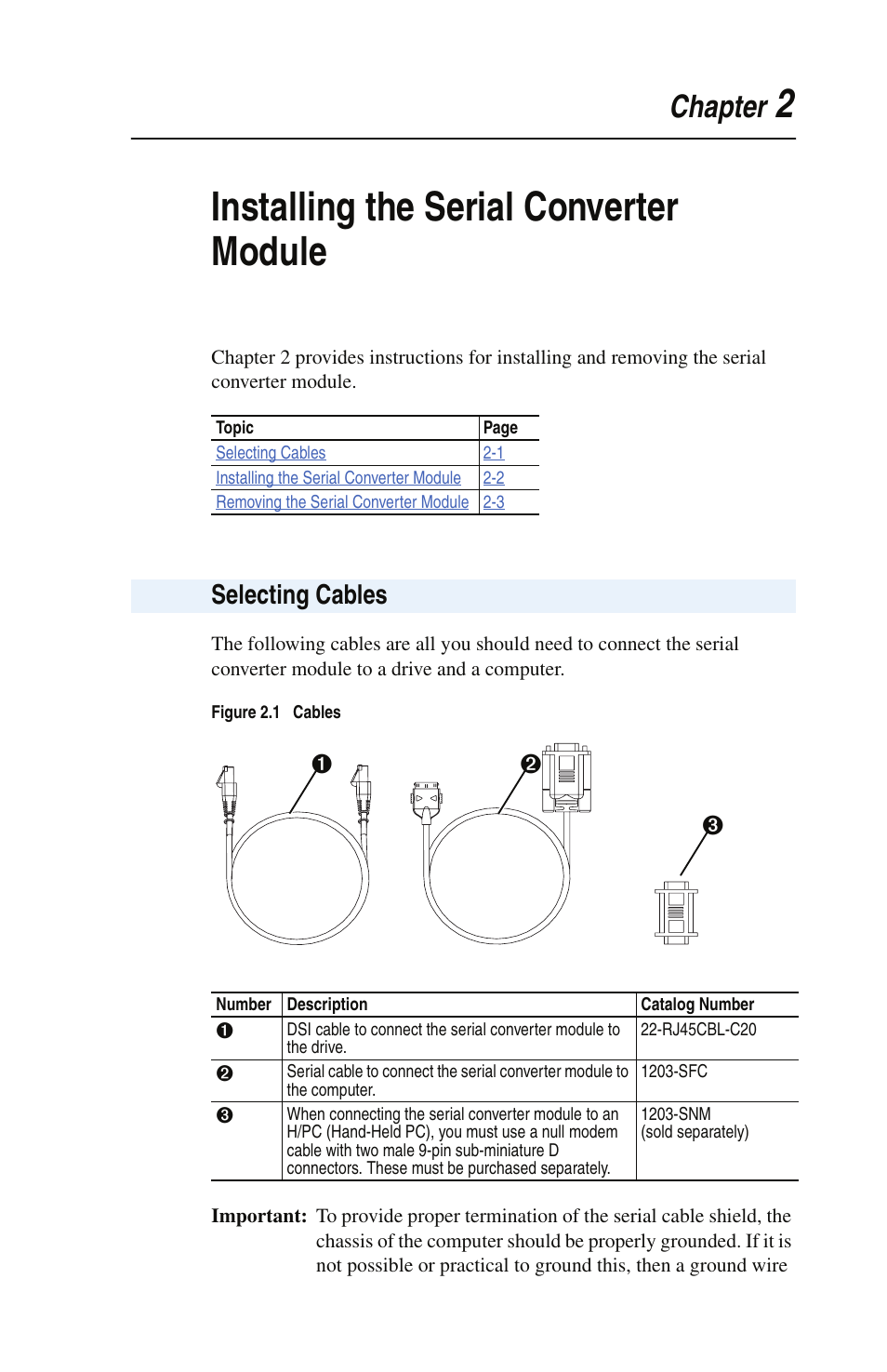 2installing the serial converter module, Chapter, Selecting cables | Rockwell Automation 22-SCM-232 Serial Converter Module User Manual | Page 15 / 104