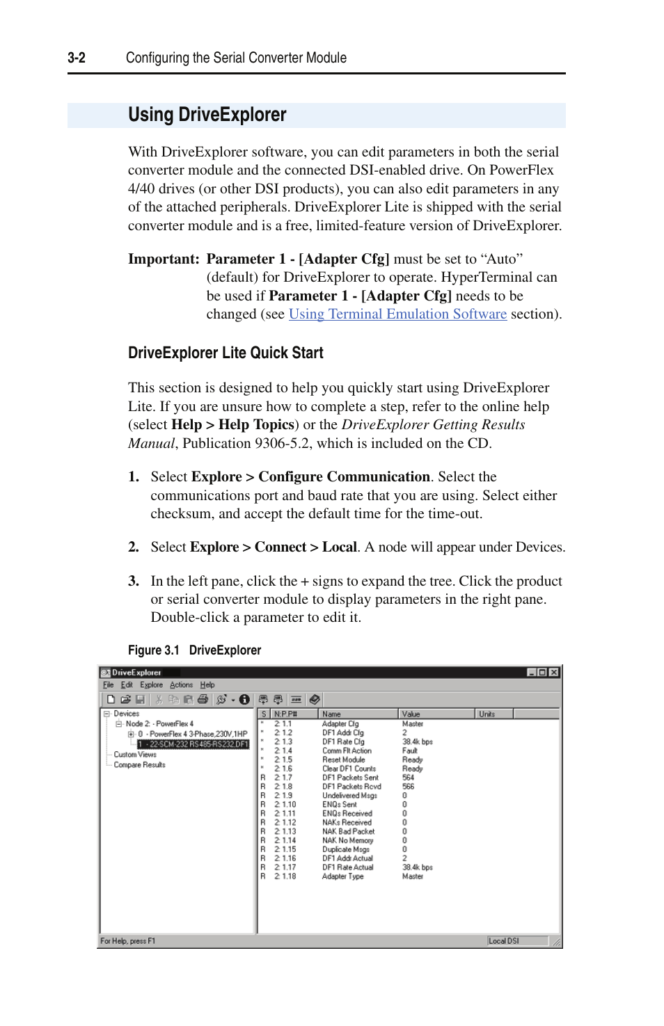 Using driveexplorer | Rockwell Automation 22-SCM-232 Serial Converter Module User Manual | Page 20 / 104