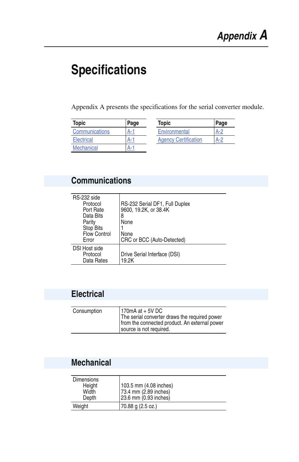 Aspecifications, Appendix, Communications | Electrical, Mechanical | Rockwell Automation 22-SCM-232 Serial Converter Module User Manual | Page 39 / 104