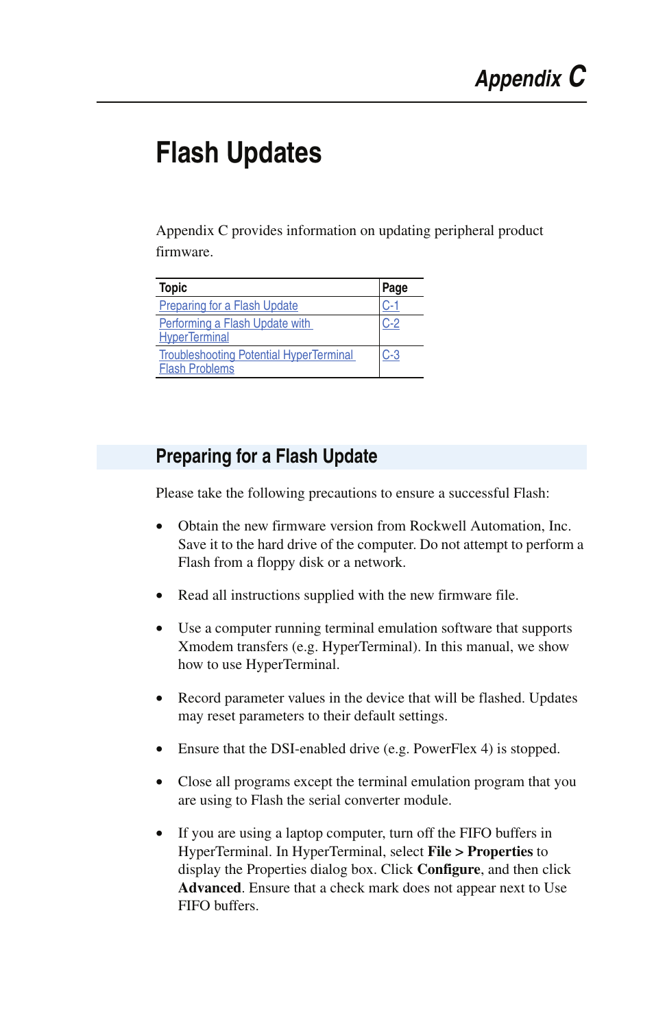 Cflash updates, Appendix, Preparing for a flash update | Rockwell Automation 22-SCM-232 Serial Converter Module User Manual | Page 45 / 104