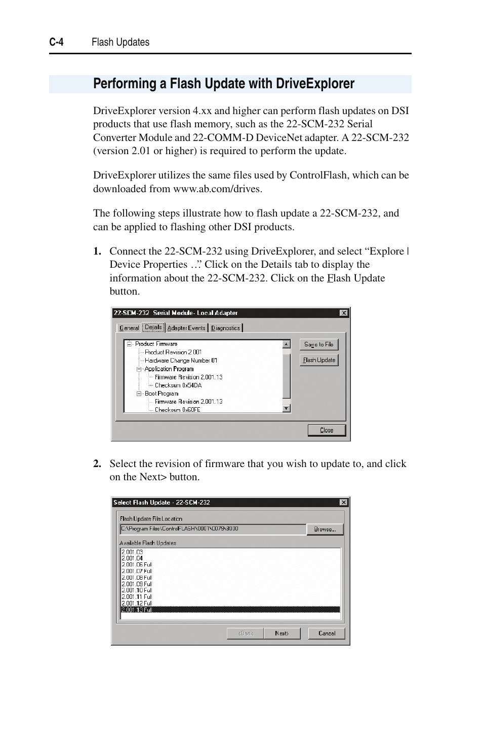 Performing a flash update with driveexplorer | Rockwell Automation 22-SCM-232 Serial Converter Module User Manual | Page 48 / 104