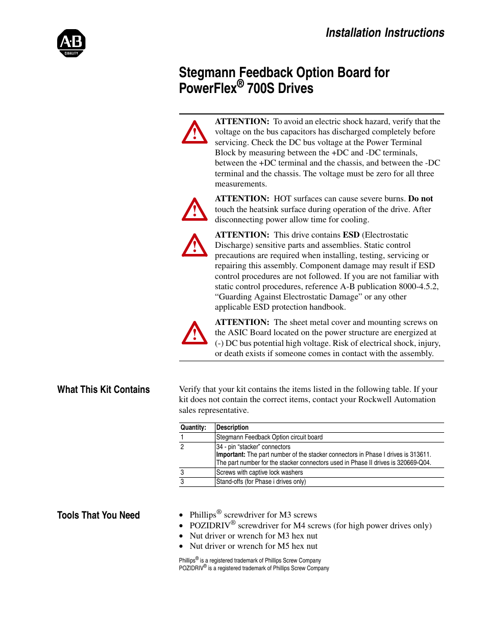 Rockwell Automation 20D Stegmann Feedback Option Board for PowerFlex 700S Drives User Manual | 20 pages