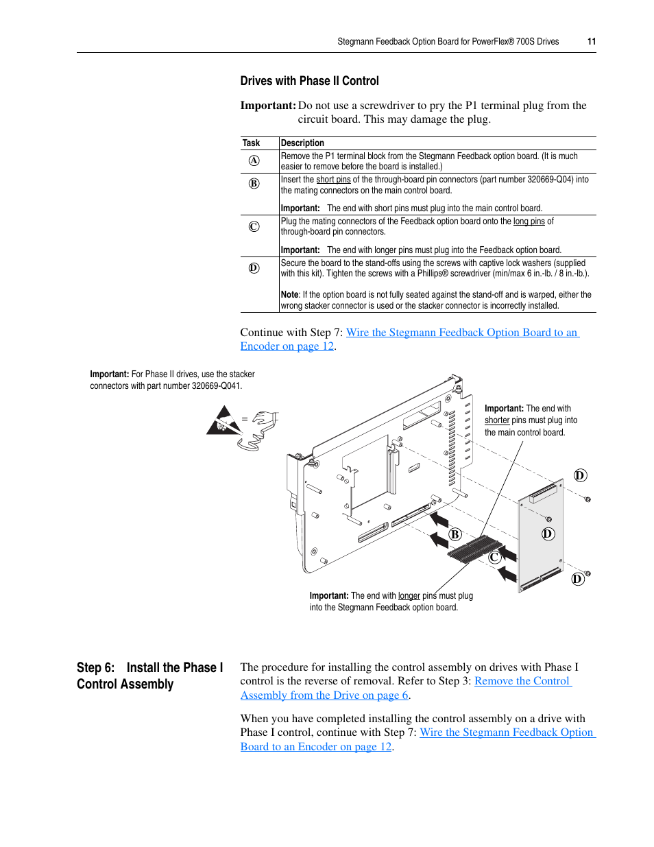 Drives with phase ii control, Step 6: install the phase i control assembly | Rockwell Automation 20D Stegmann Feedback Option Board for PowerFlex 700S Drives User Manual | Page 11 / 20
