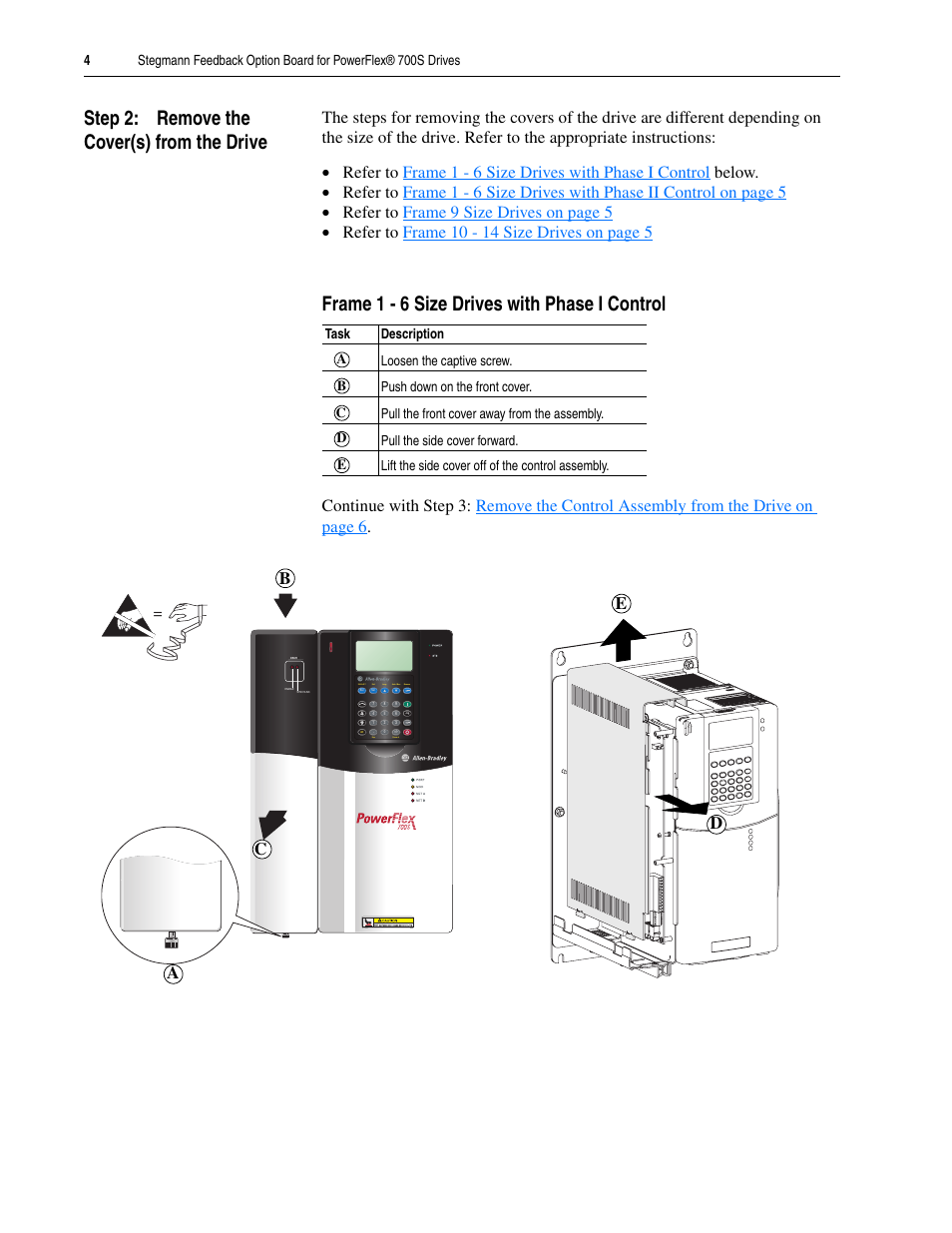 Step 2: remove the cover(s) from the drive, Frame 1 - 6 size drives with phase i control, Ac b d e | Rockwell Automation 20D Stegmann Feedback Option Board for PowerFlex 700S Drives User Manual | Page 4 / 20