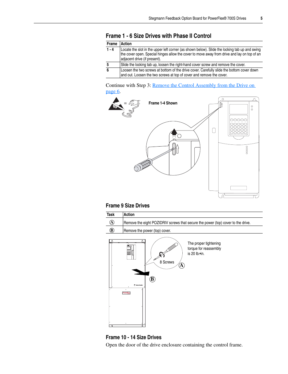 Frame 1 - 6 size drives with phase ii control, Frame 9 size drives, Frame 10 - 14 size drives | Rockwell Automation 20D Stegmann Feedback Option Board for PowerFlex 700S Drives User Manual | Page 5 / 20