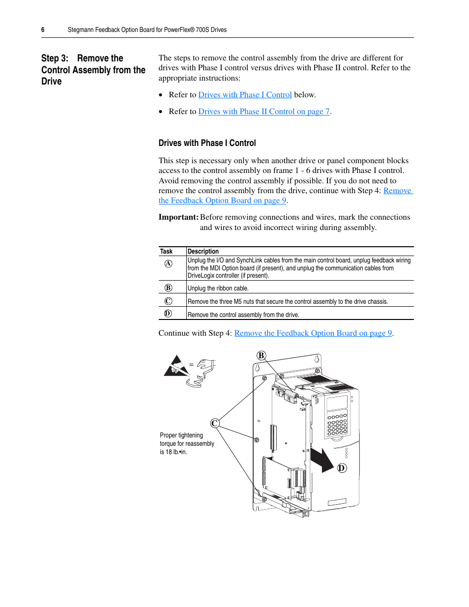 Step 3: remove the control assembly from the drive, Drives with phase i control, Remove the control assembly from the drive on | Rockwell Automation 20D Stegmann Feedback Option Board for PowerFlex 700S Drives User Manual | Page 6 / 20