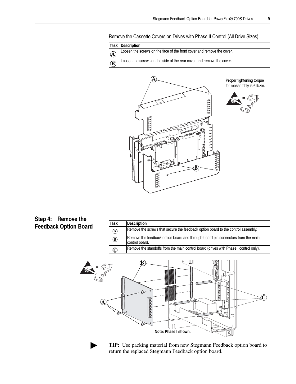 Step 4: remove the feedback option board, Remove | Rockwell Automation 20D Stegmann Feedback Option Board for PowerFlex 700S Drives User Manual | Page 9 / 20