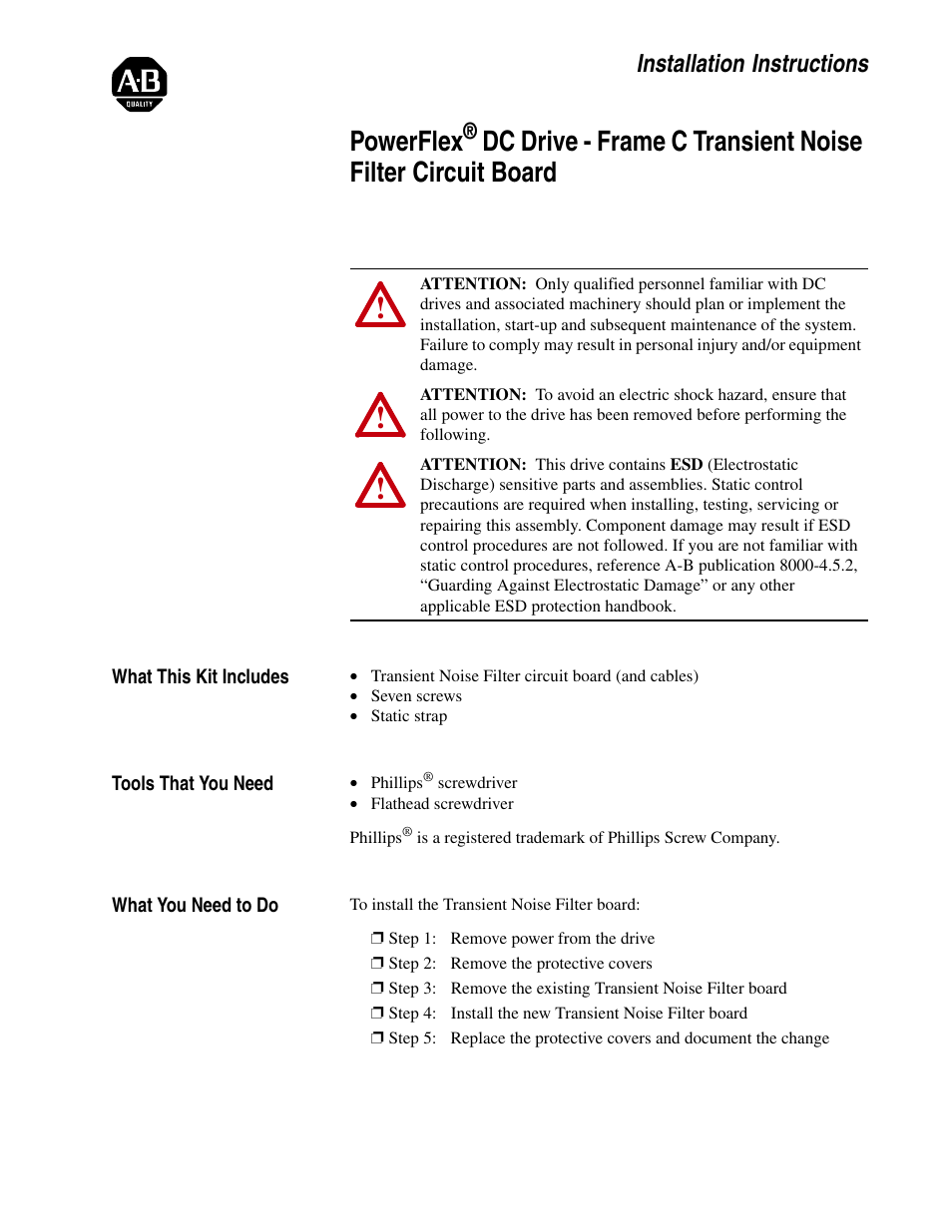 Rockwell Automation 20P PowerFlex DC Drive - Frame C Transient Noise Filter Circuit Board User Manual | 10 pages